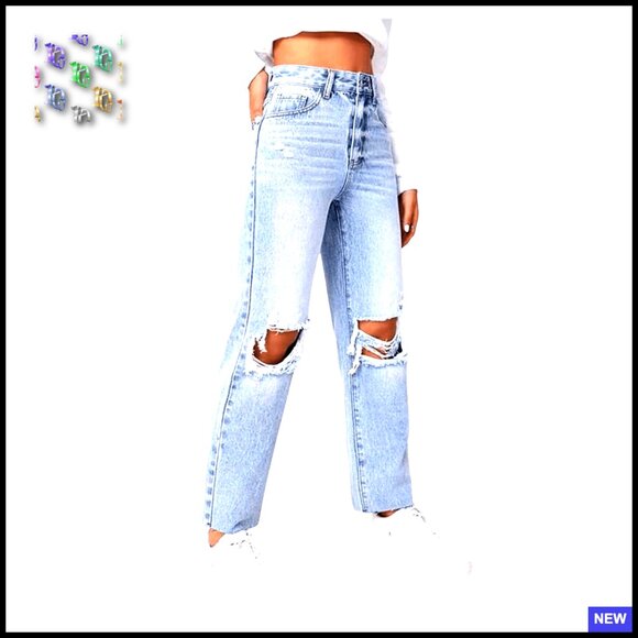 High Waist Ripped Distressed Cropped Jeans Straight Leg Denim Pants Casual Chic